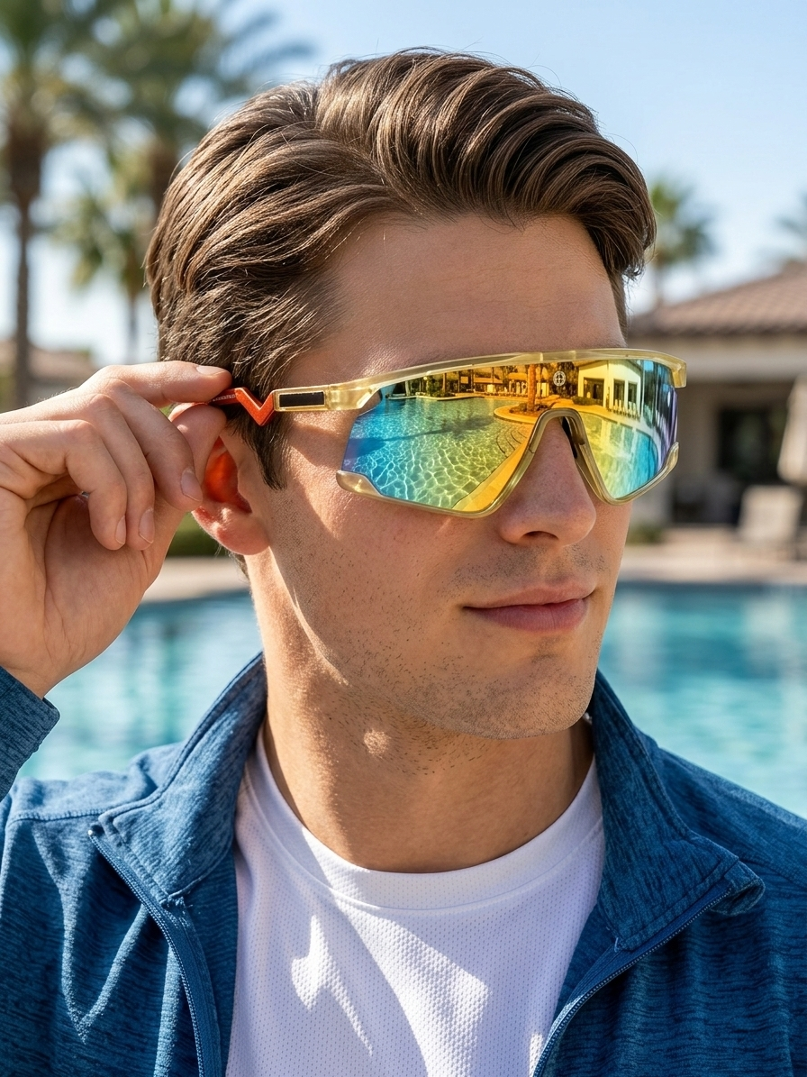 Eaga | Transparent Green Large Half Rim Shield Sports Sunglasses for Men & Women [Mirrored]