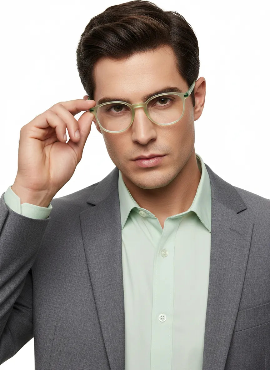 Idefend | Transparent Light Green Medium Full Rim Round Computer Glasses for Men & Women [Blue Block]