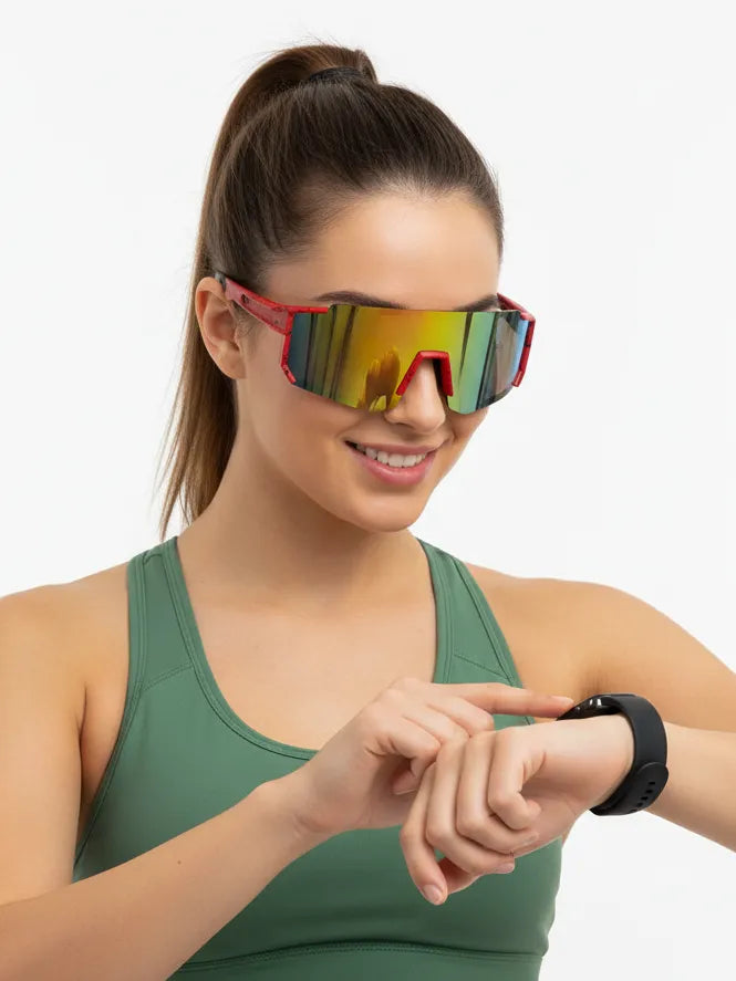 Strix | Red/ Black/ Texture Large Full Rim Shield Sports Glasses for Men & Women [UV-protected]