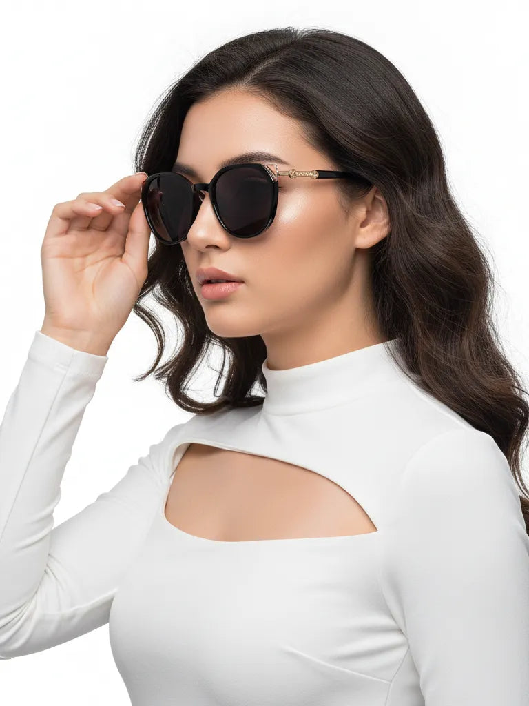 Vortex | Black Medium Full Rim Round Sunglasses for Women [UV-protected]