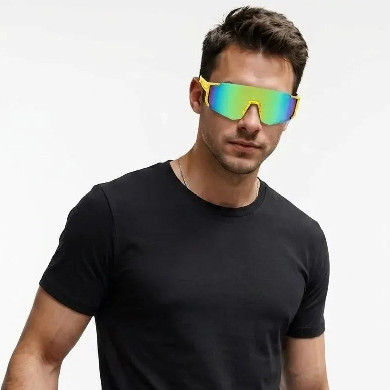 Strix | Yellow/Red/Texture Large Full Rim Shield Sports Sunglasses for Men & Women [UV-protected]