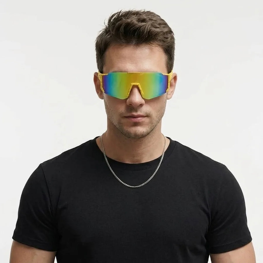 Strix | Yellow/Red/Texture Large Full Rim Shield Sports Sunglasses for Men & Women [UV-protected]