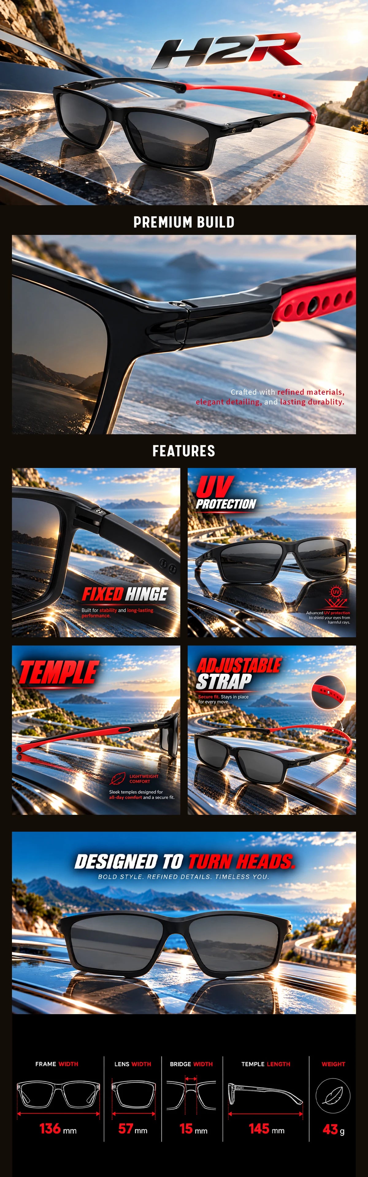 H2R | Black Medium Full Rim Rectangle Sports Sunglasses for Men & Women [Polarized]
