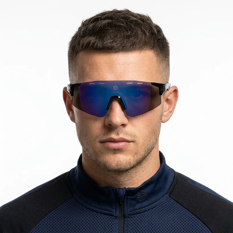 Auryon | Black & Blue Large Rim Less Shield Sports Sunglasses for Men & Women [UV-protected]