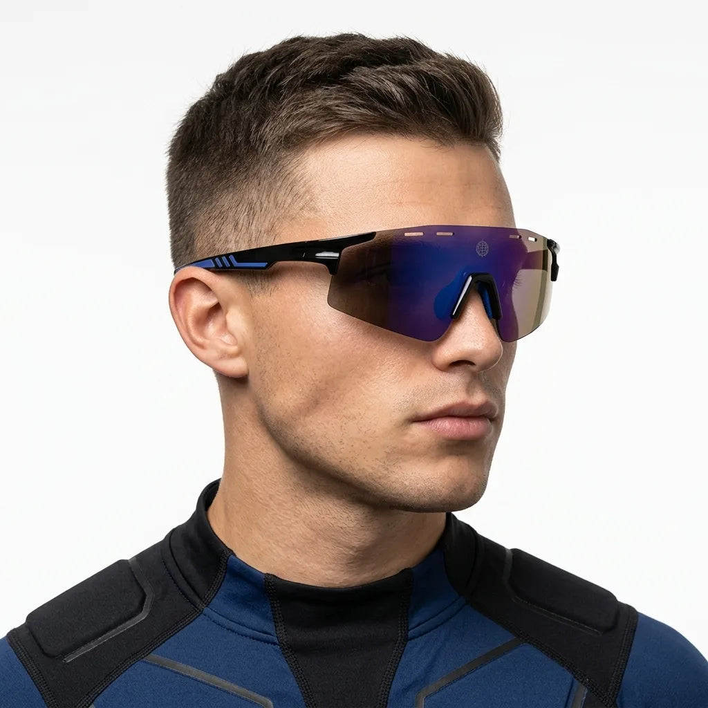 Auryon | Black & Blue Large Rim Less Shield Sports Sunglasses for Men & Women [UV-protected]