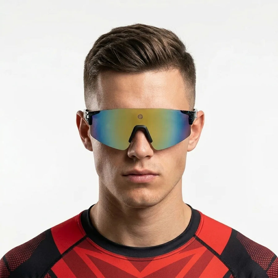 Auryon | Dotted Blue & Black & Red Large Rim Less Shield Sports Sunglasses for Men & Women [UV-protected]