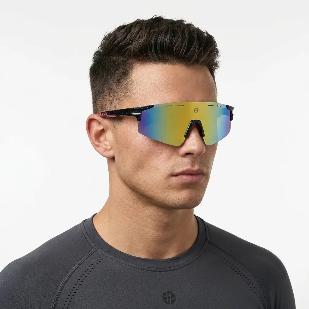 Auryon | Dotted Blue & Black & Red Large Rim Less Shield Sports Sunglasses for Men & Women [UV-protected]