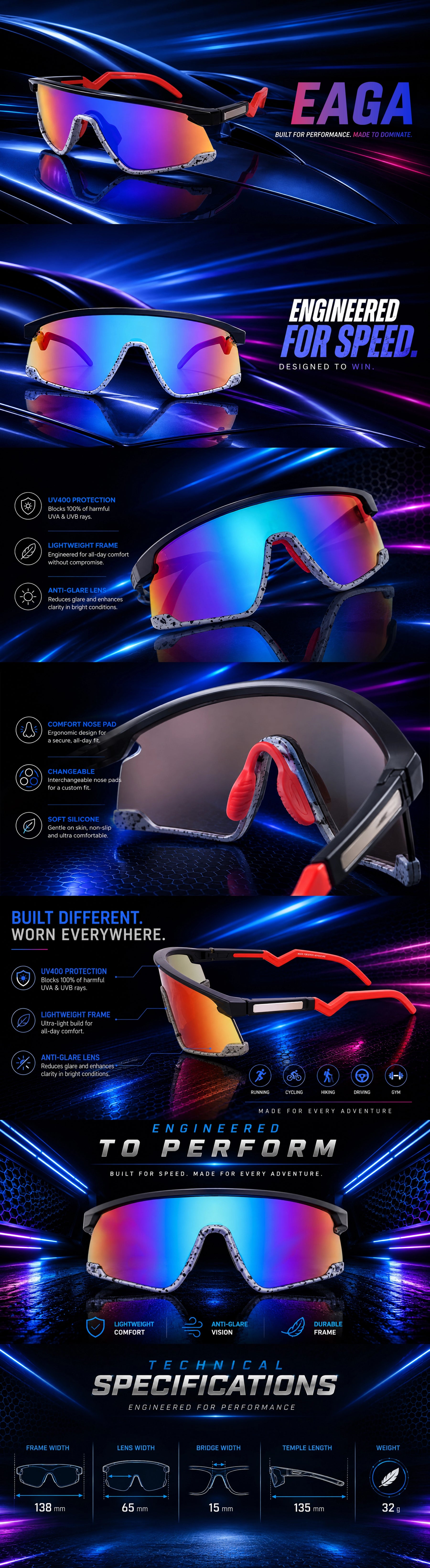 Eaga | Black-Grey Texture Large Half Rim Shield Sports Sunglasses for Men & Women [Mirrored]