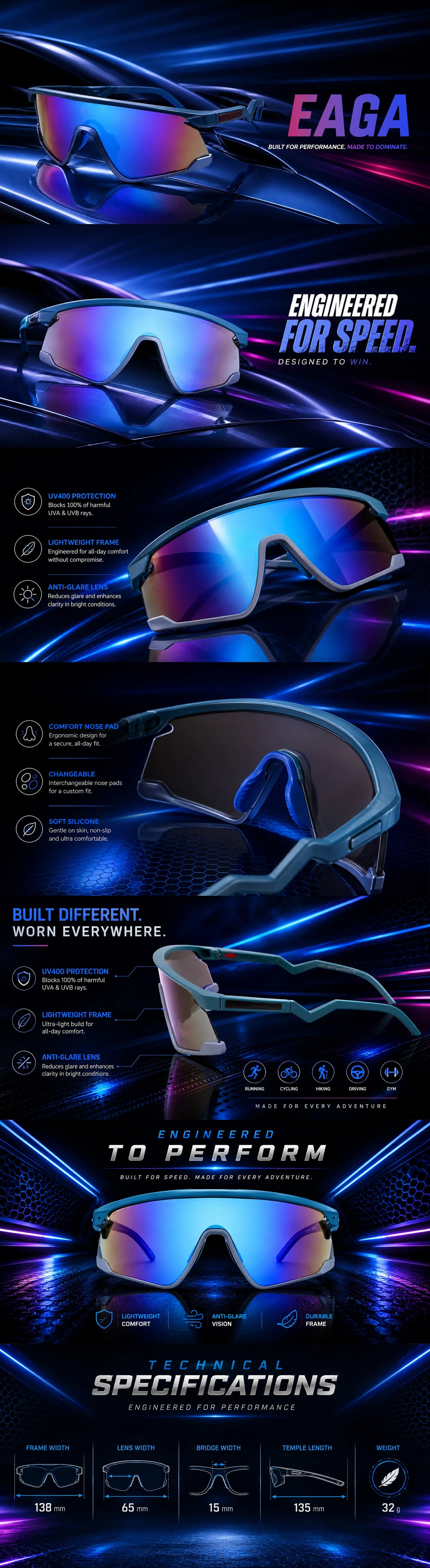 Eaga | Mate Green & Grey Large Half Rim Shield Sports Sunglasses for Men & Women [Mirrored]