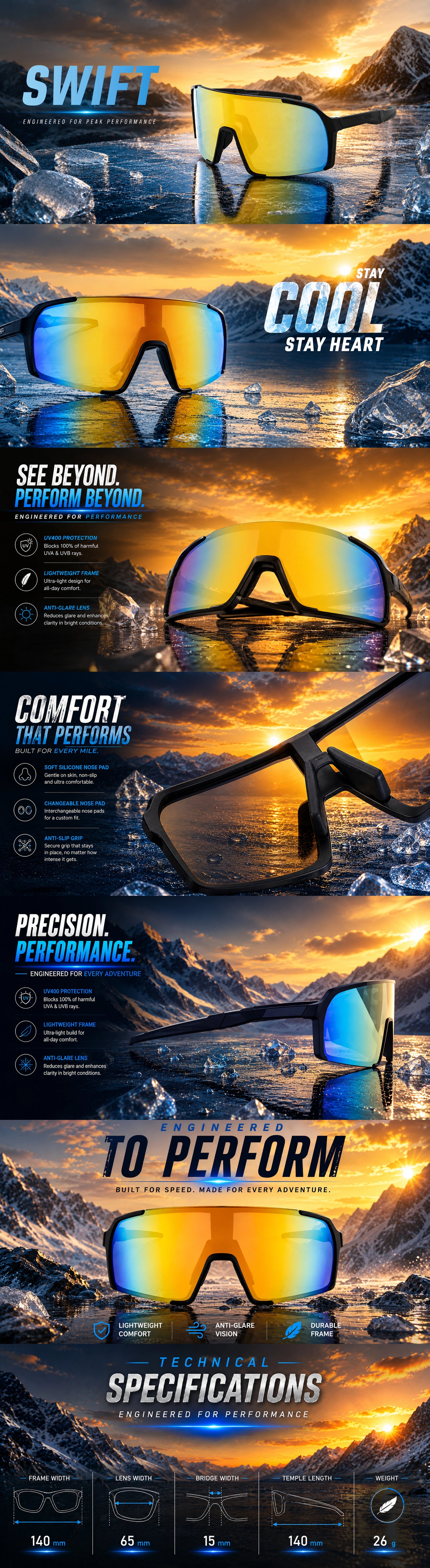 Swift | Black Large Full Rim Visor Sports Sunglasses for Men & Women [Mirrored]