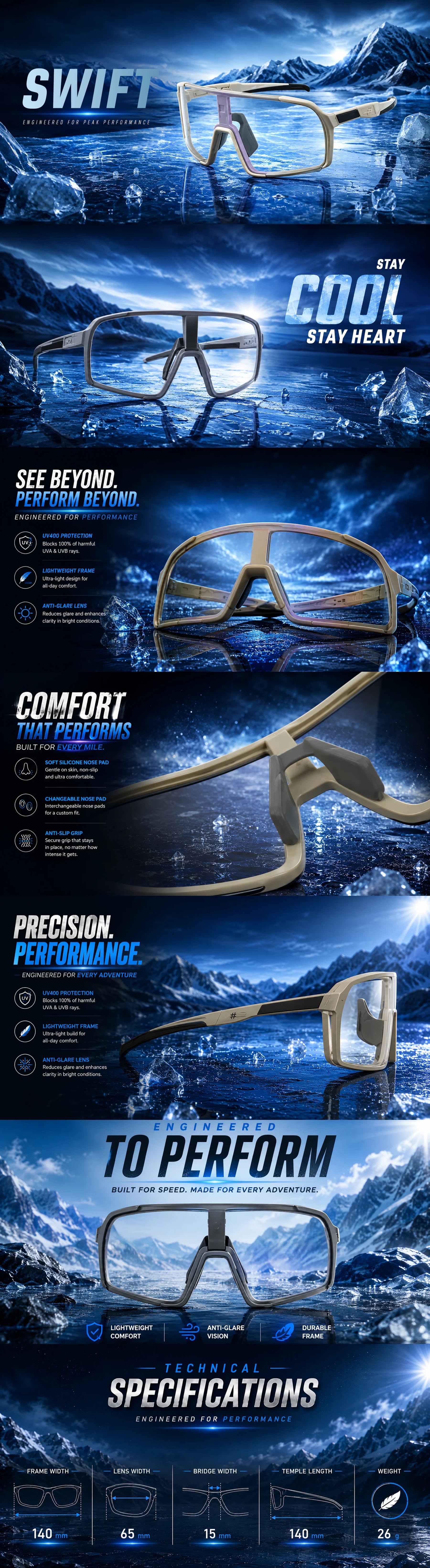 Swift | Cream Large Full Rim Visor Sports Sunglasses for Men & Women [Mirrored]