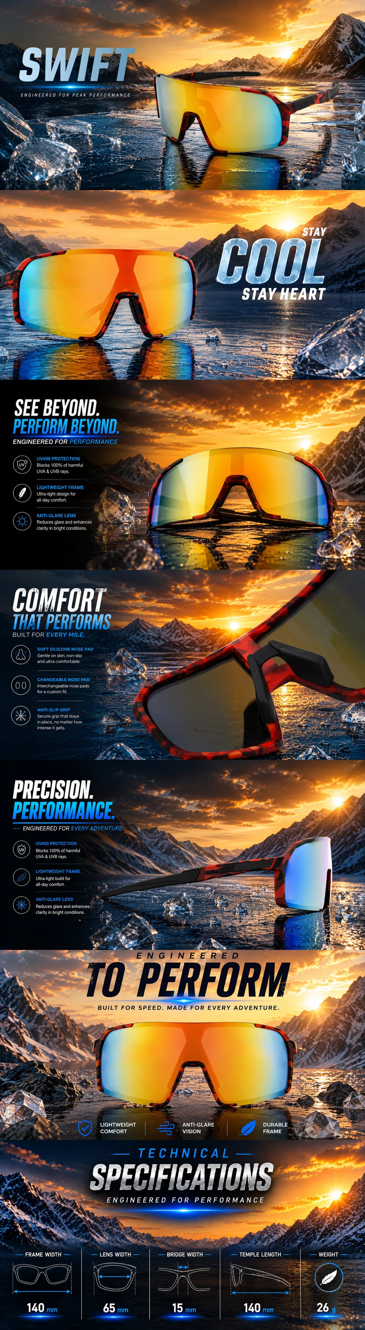 Swift | Red-Black Texture Large Full Rim Visor Sports Sunglasses for Men & Women [Mirrored]