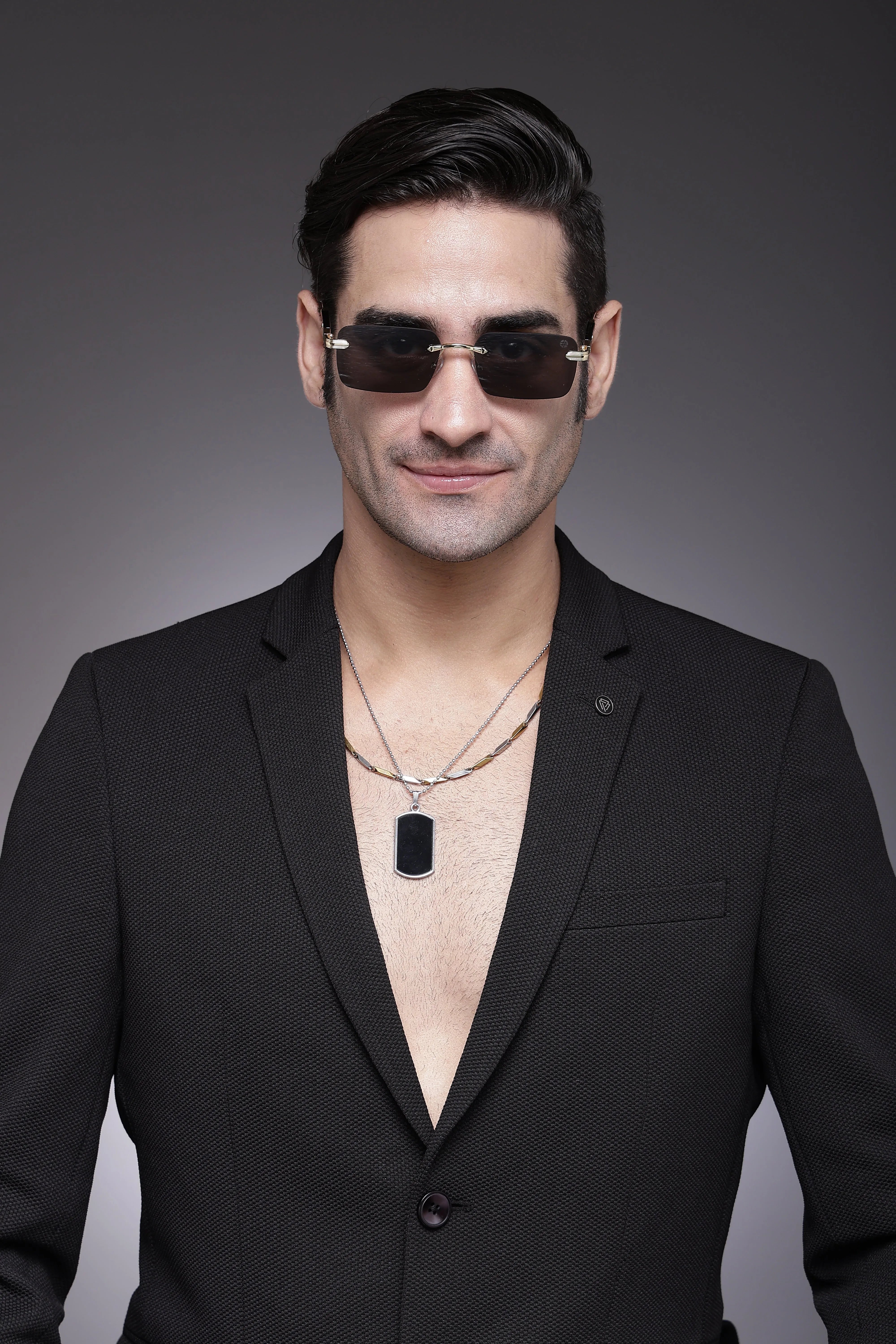 Veyra | Golden Medium Rim Less Rectangle Sunglasses for Men [UV-protected]