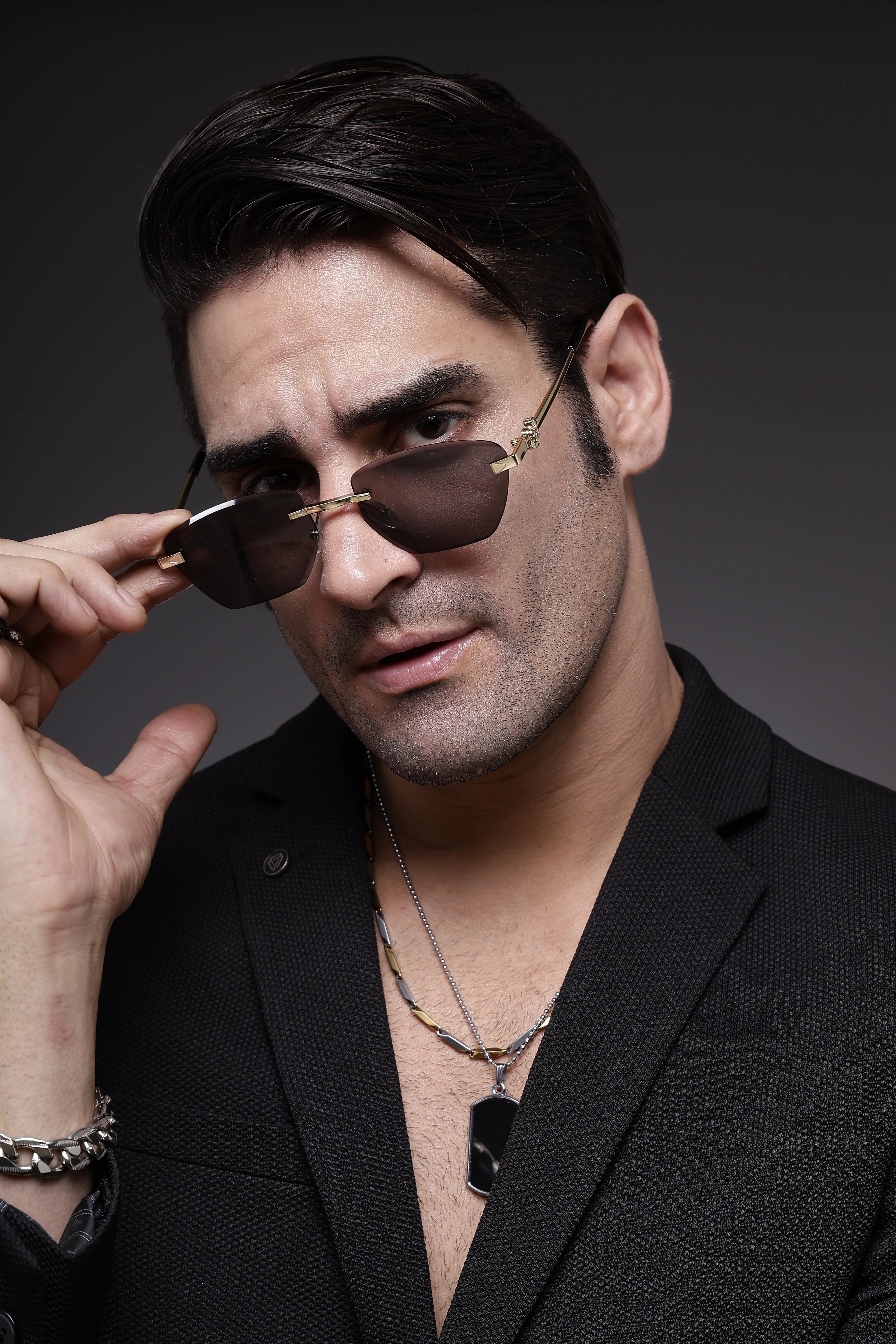 Pyrion | Black Medium Rim Less Rectangle Sunglasses for Men [UV-protected]