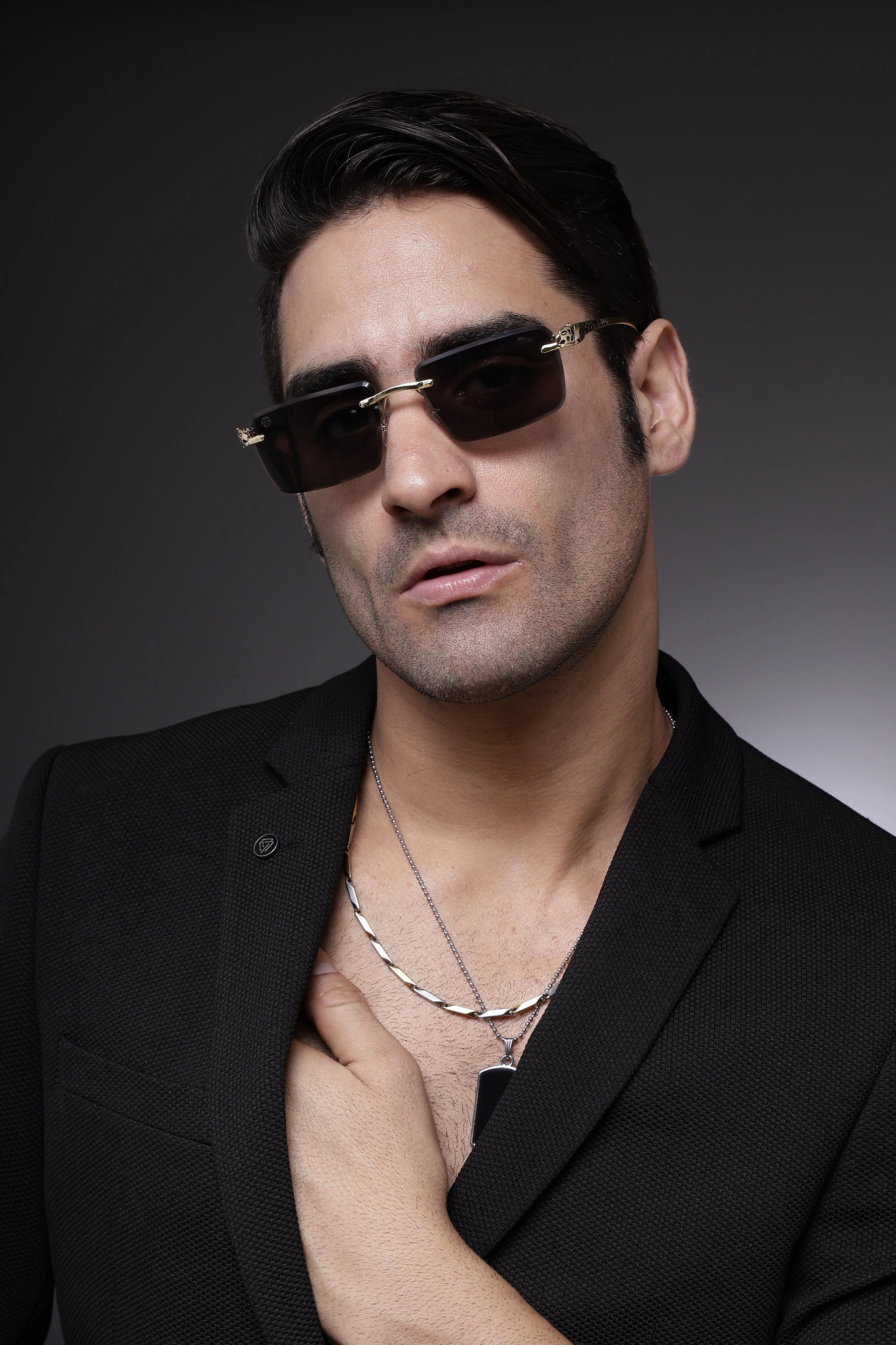 Clyra | Black Medium Rim Less Square Sunglasses for Men [UV-protected]