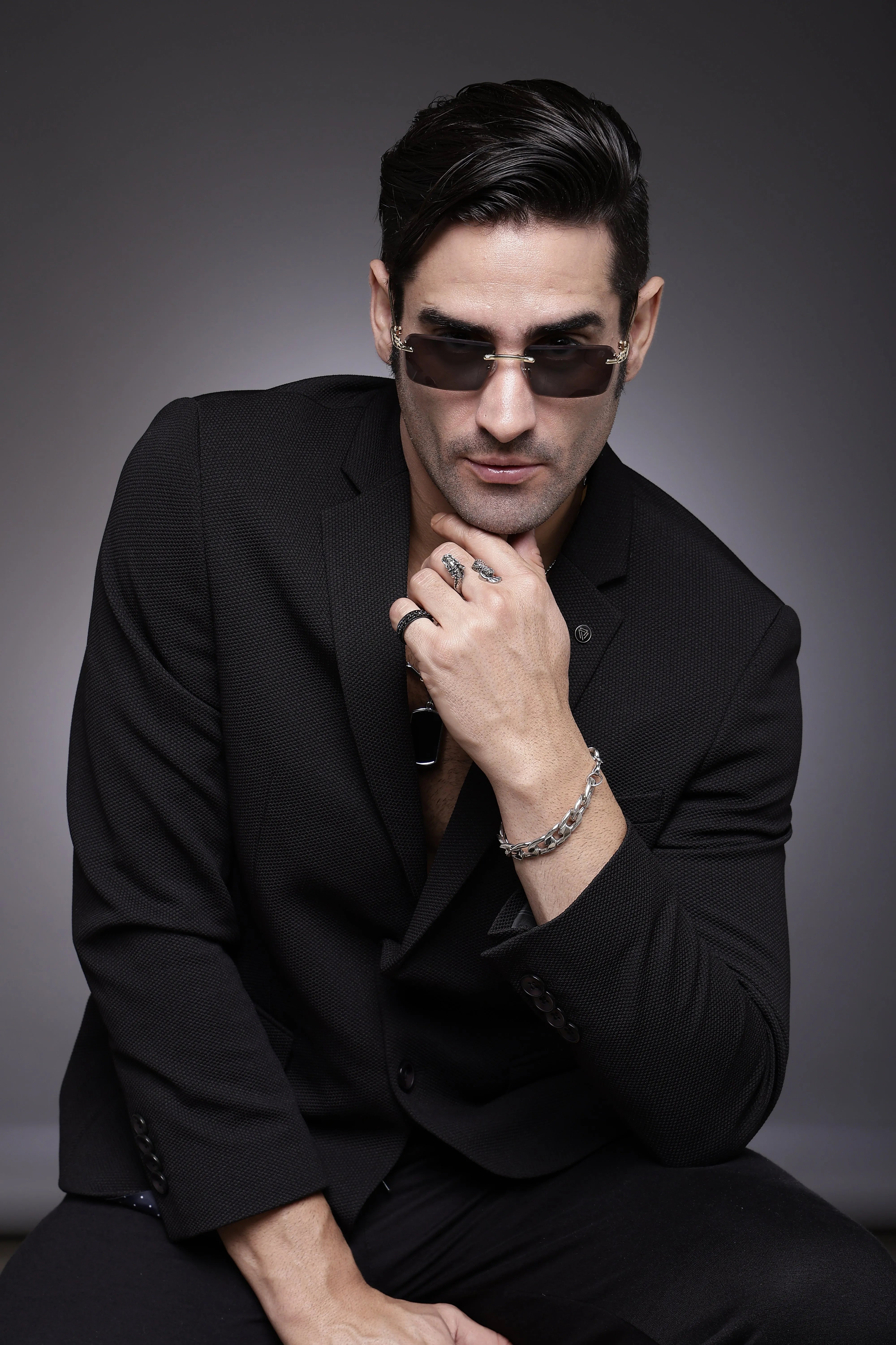 Clyra | Black Medium Rim Less Square Sunglasses for Men [UV-protected]