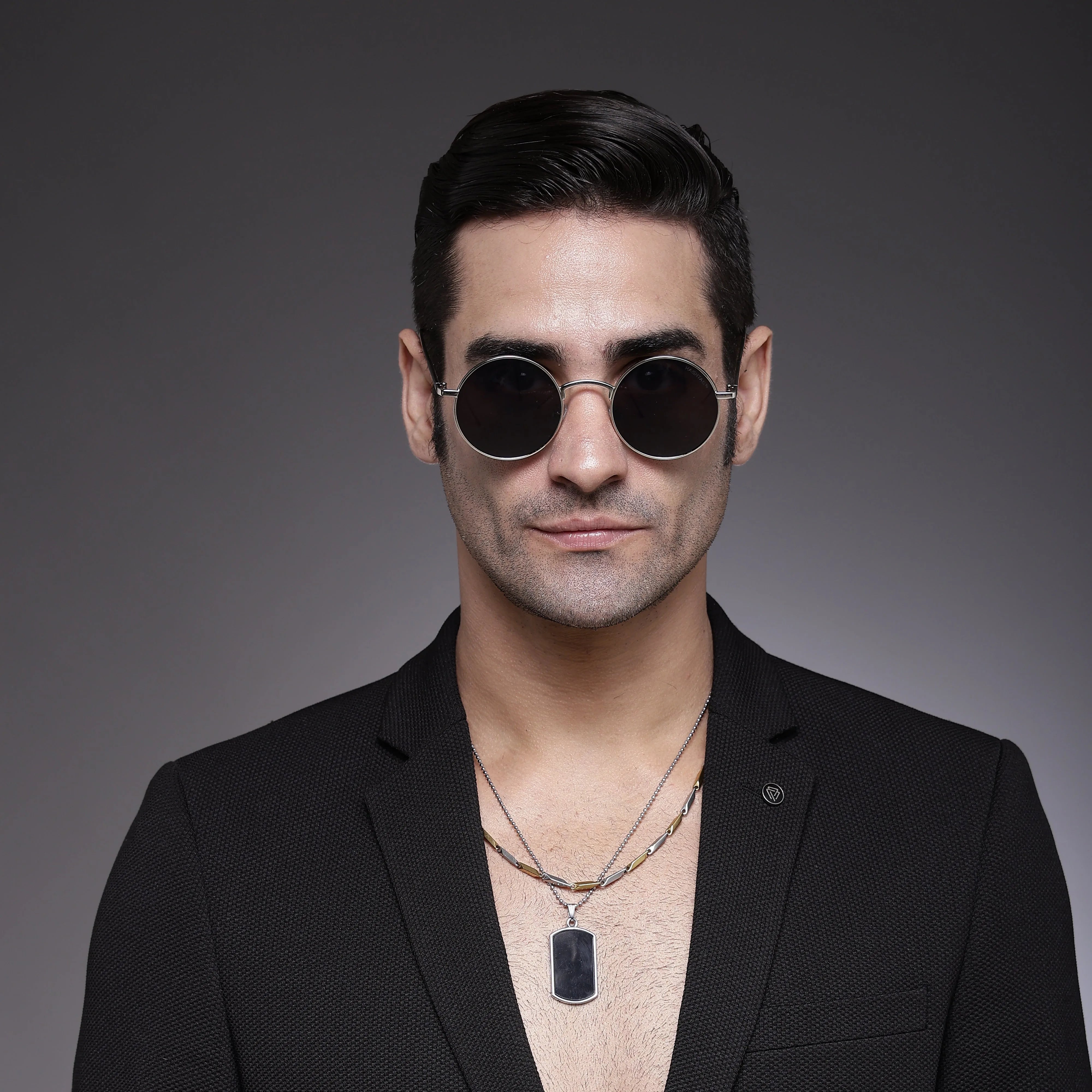 Ionara | Silver-Black Medium Full Rim Round Sunglasses for Men & Women [UV-protected]