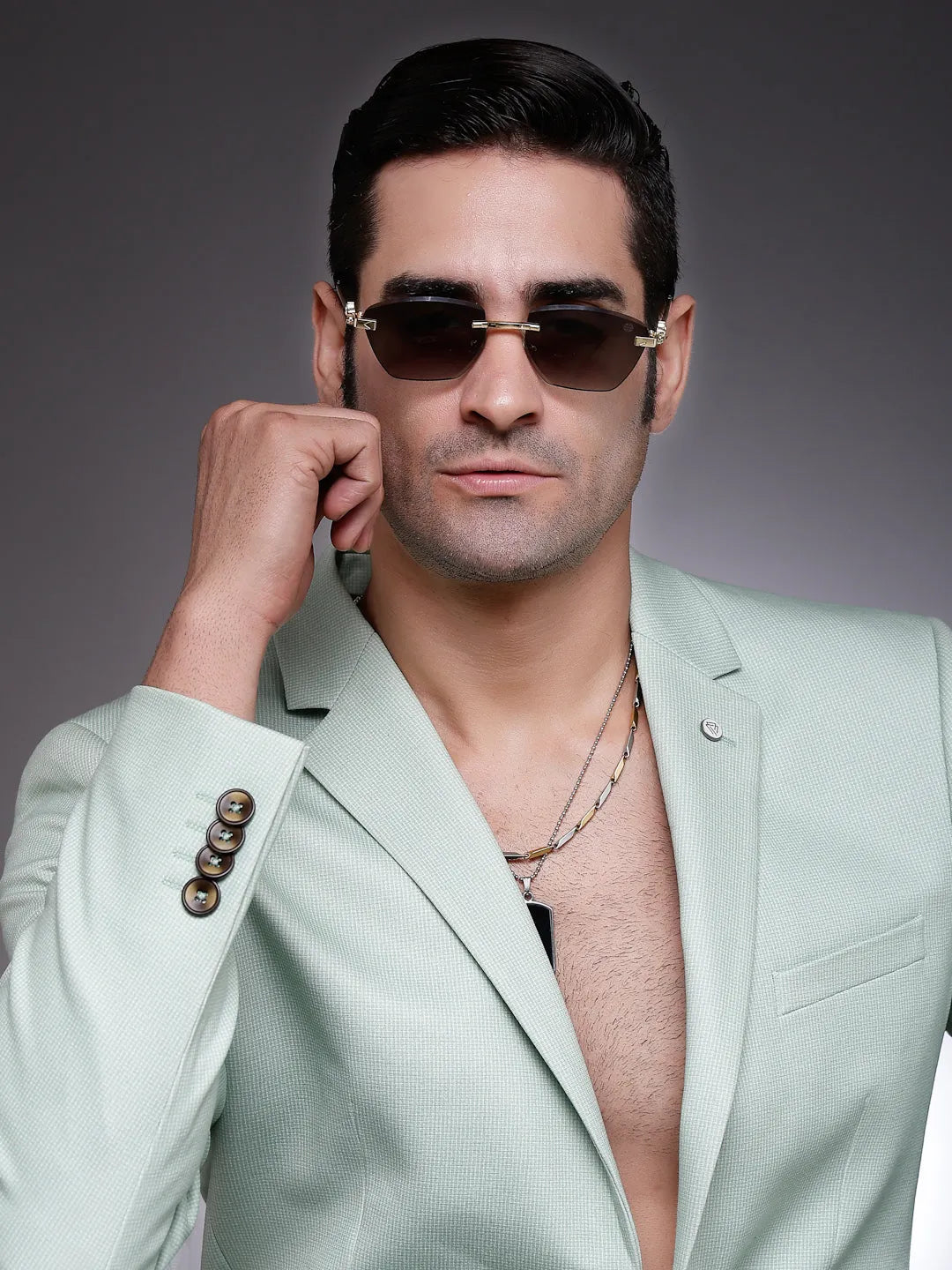 Pyrion | Green Medium Rim Less Rectangle Sunglasses for Men [UV-protected]