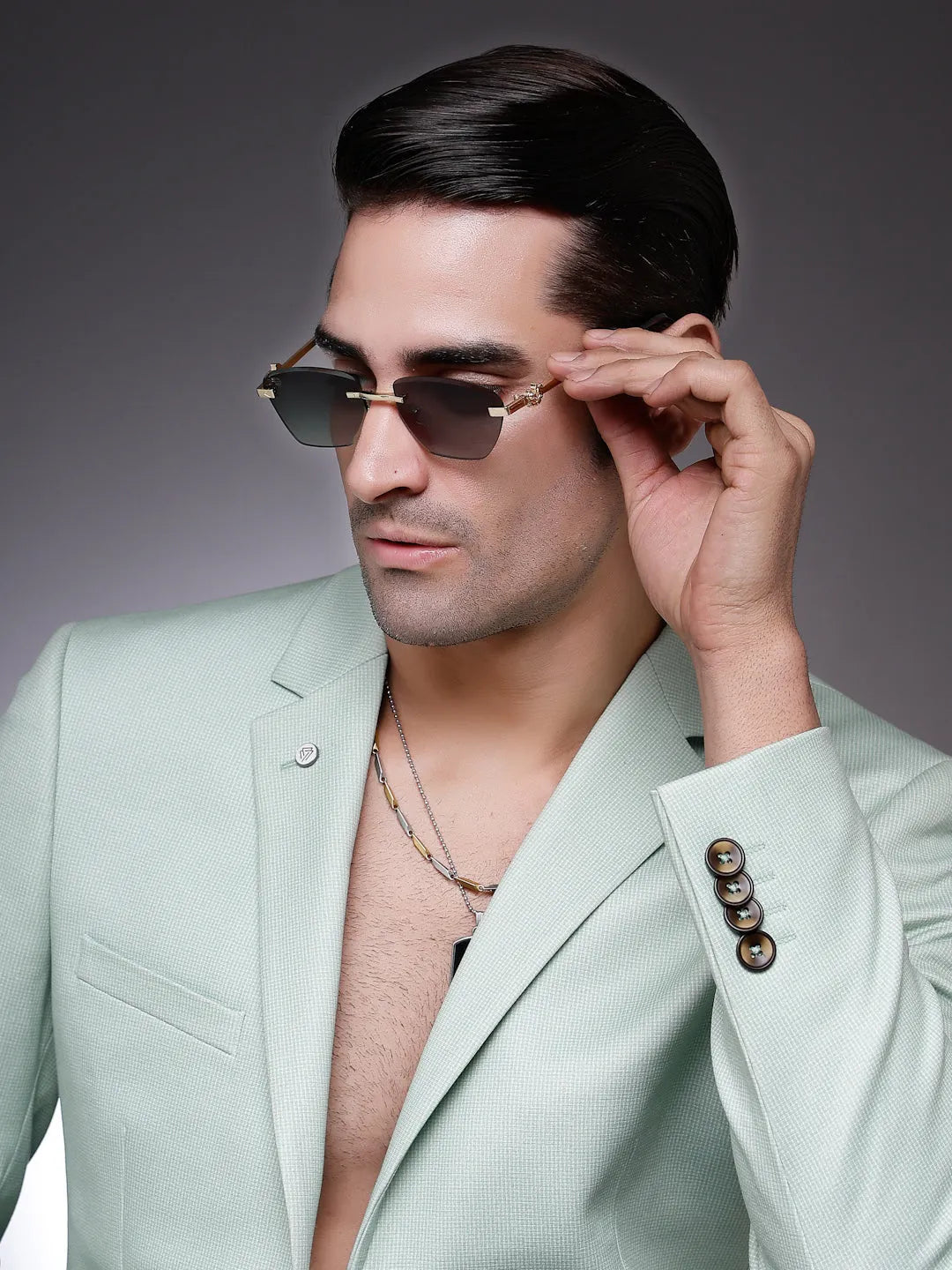 Pyrion | Green Medium Rim Less Rectangle Sunglasses for Men [UV-protected]