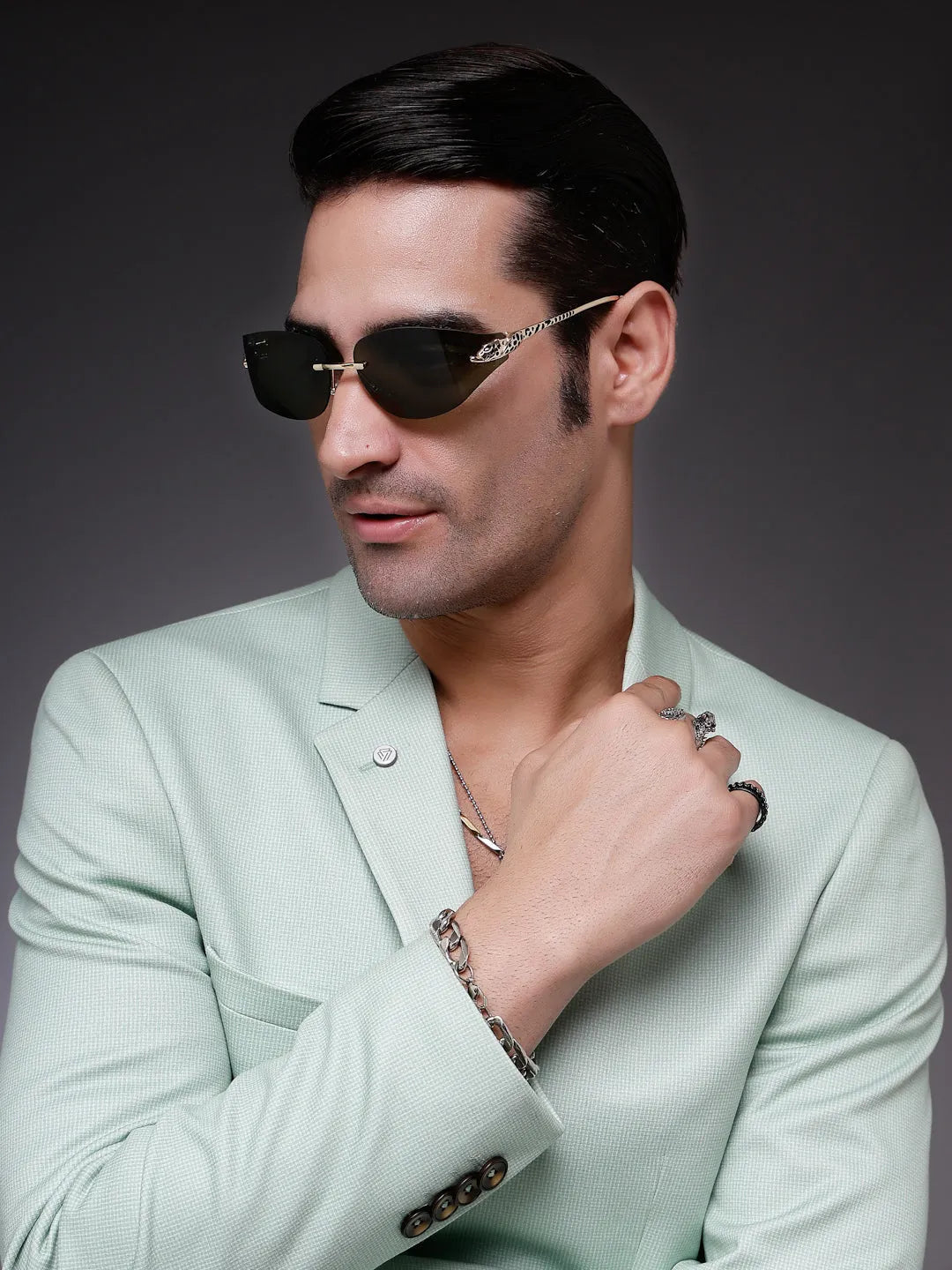 Valtrix | Green Medium Rim Less Oval Sunglasses for Men [UV-protected]