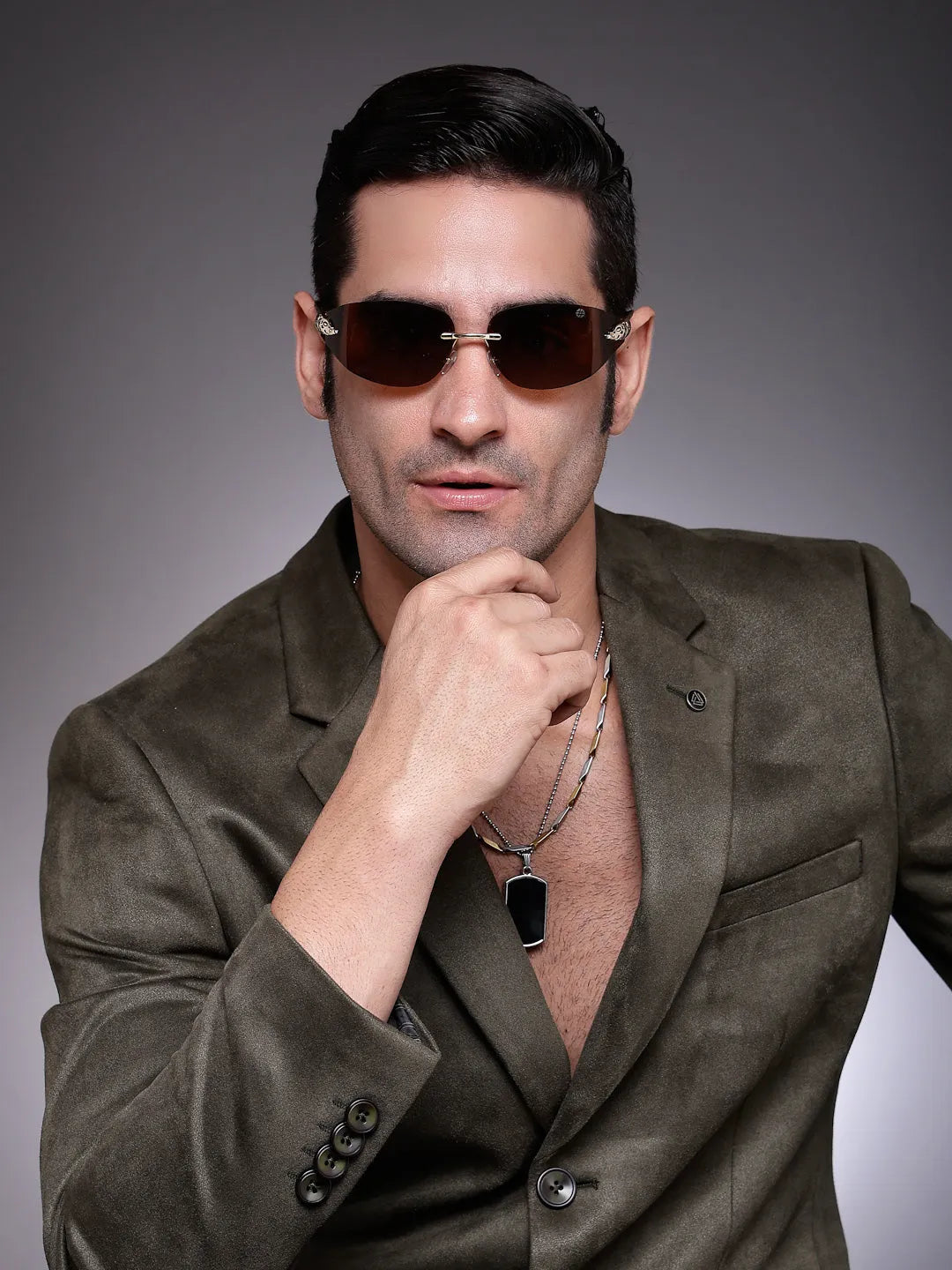 Valtrix | Brown Medium Rim Less Oval Sunglasses for Men [UV-protected]