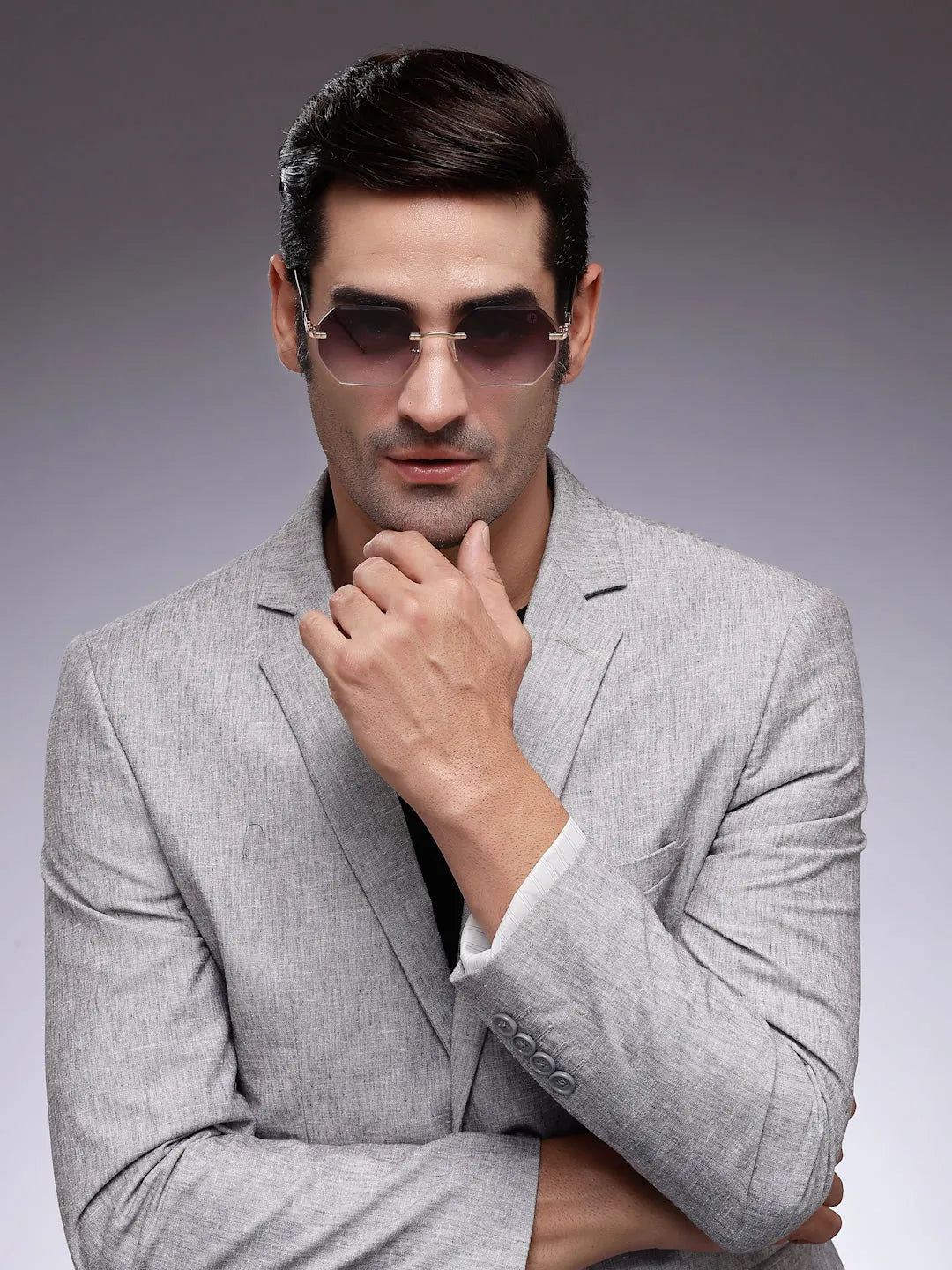 VisionVogue | Gradient Black Medium Rim Less Hexagonal Sunglasses for Men & Women [UV-protected]
