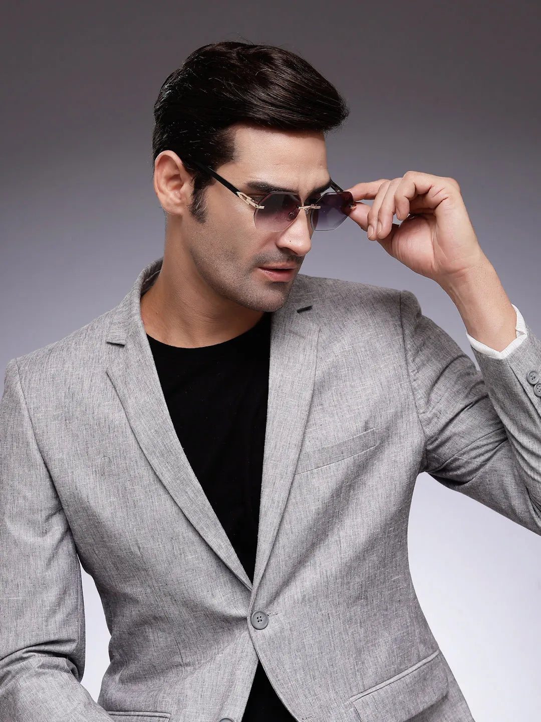 VisionVogue | Gradient Black Medium Rim Less Hexagonal Sunglasses for Men & Women [UV-protected]