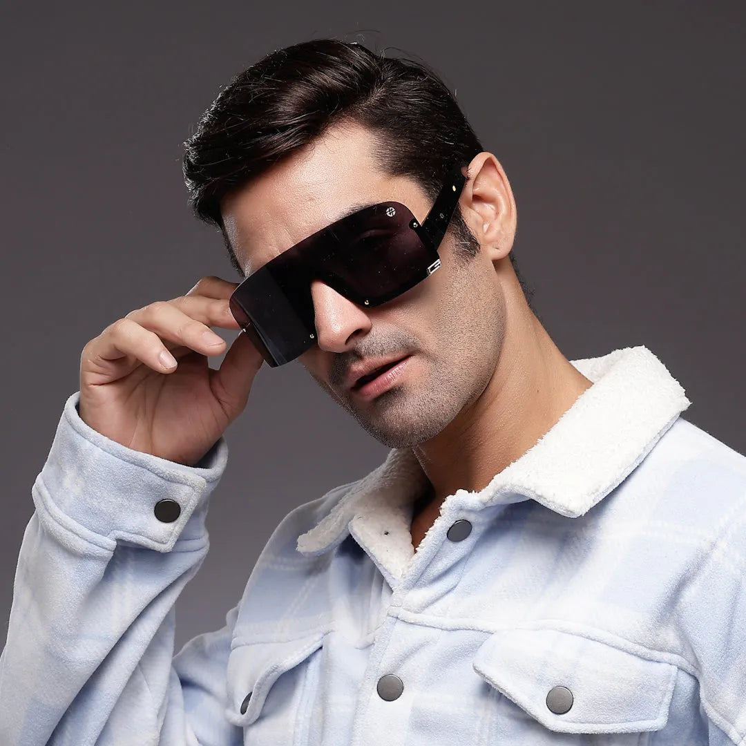 Lyrion | Black Medium Half Rim Shield Sunglasses for Men & Women [UV-protected]