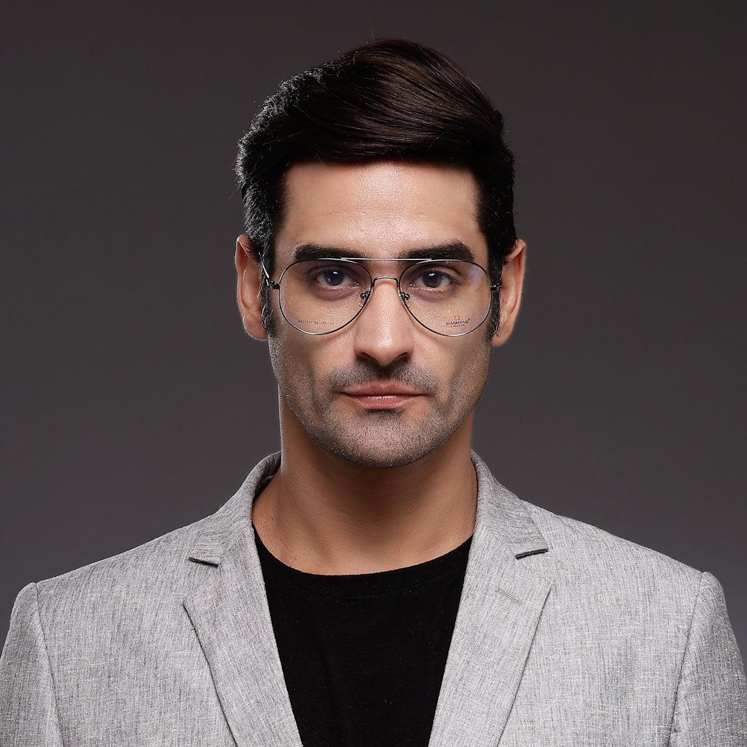 Tricorn | Gun-Grey Medium Full Rim Aviator with Lock Side Hinges Turban Eyeglasses for Men [Demo Lens]
