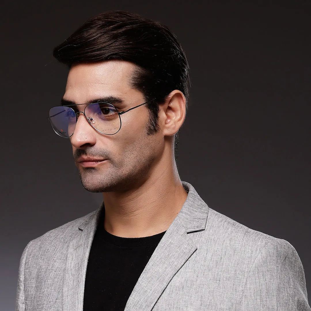 Tricorn | Gun-Grey Medium Full Rim Aviator with Lock Side Hinges Turban Eyeglasses for Men [Demo Lens]