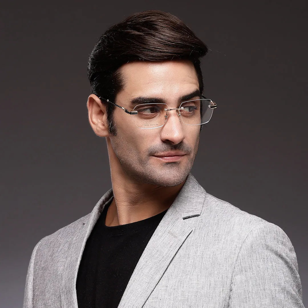 Ray-II | Golden Medium Rim Less Square Eyeglasses for Men & Women [Demo Lens]