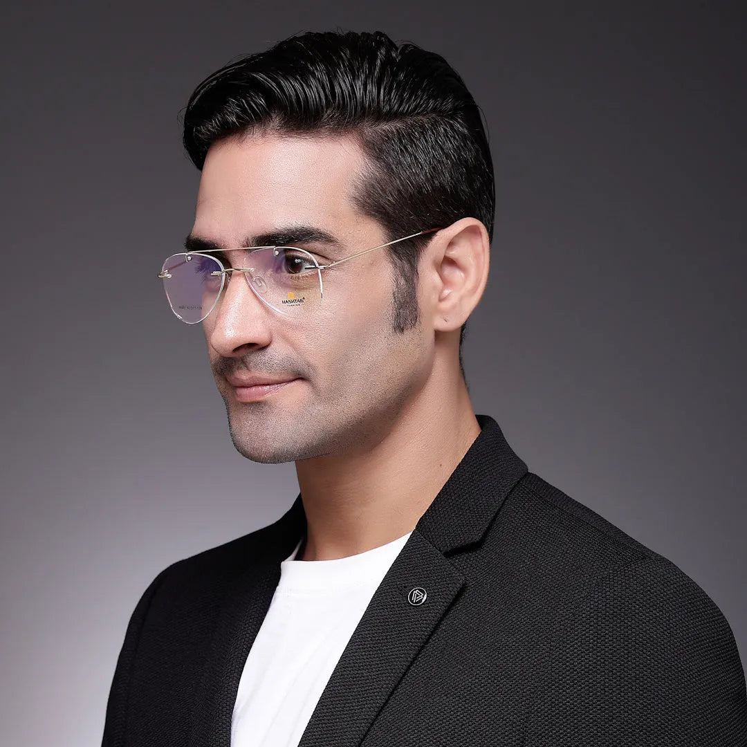 Thin line | Gold Medium Rim Less Aviator with Lock Side Hinges Eyeglasses for Men [Demo Lens]