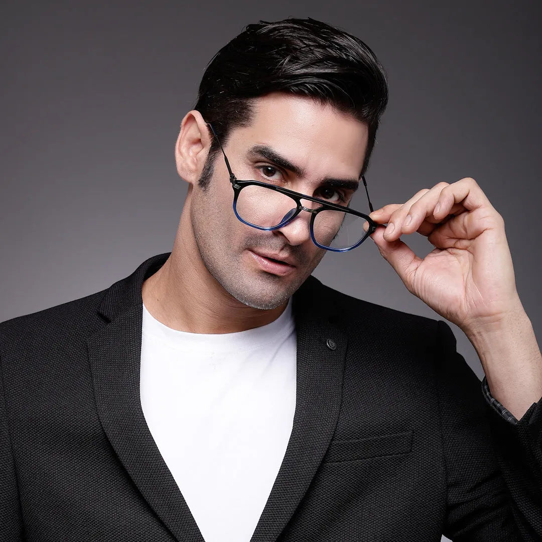 Ray-II | Black Blue Medium Full Rim Square Eyeglasses for Men & Women [Demo Lens]