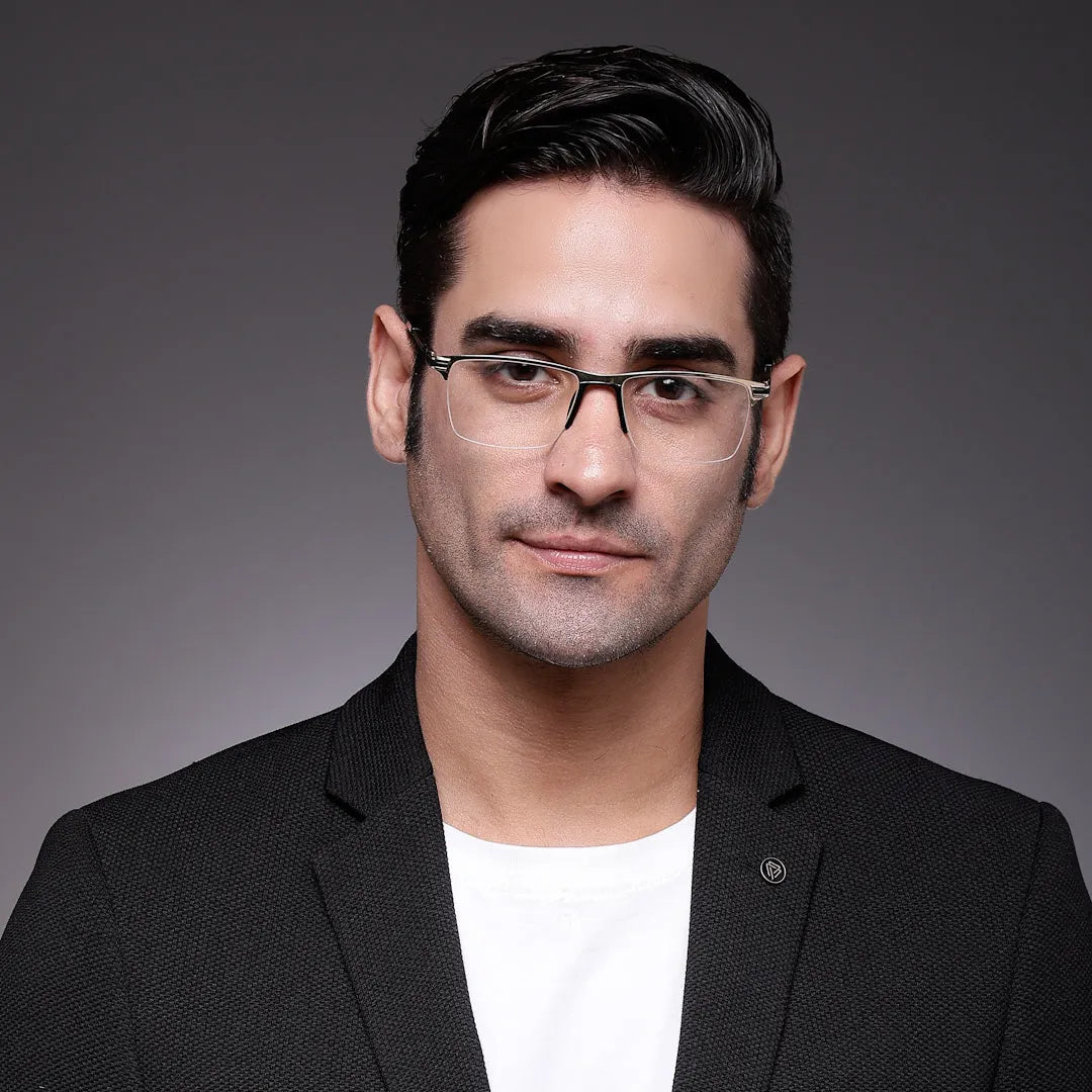 Ray-II | Golden Medium Half Rim Square Eyeglasses for Men & Women [Demo Lens]