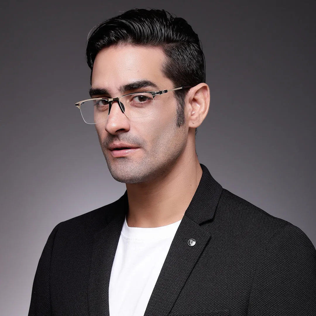 Ray-II | Golden Medium Half Rim Square Eyeglasses for Men & Women [Demo Lens]
