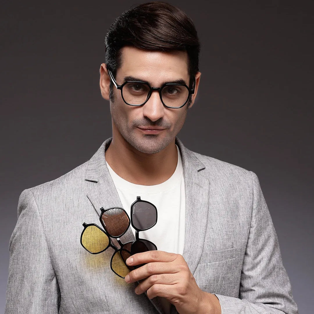 Nymora | Black Medium Full Rim Hexagonal Clip-on for Men [Clip-on]