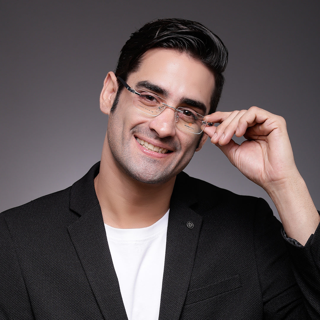 Thermo RM | Silver Medium Rim Less Square Eyeglasses for Men & Women [Demo Lens]