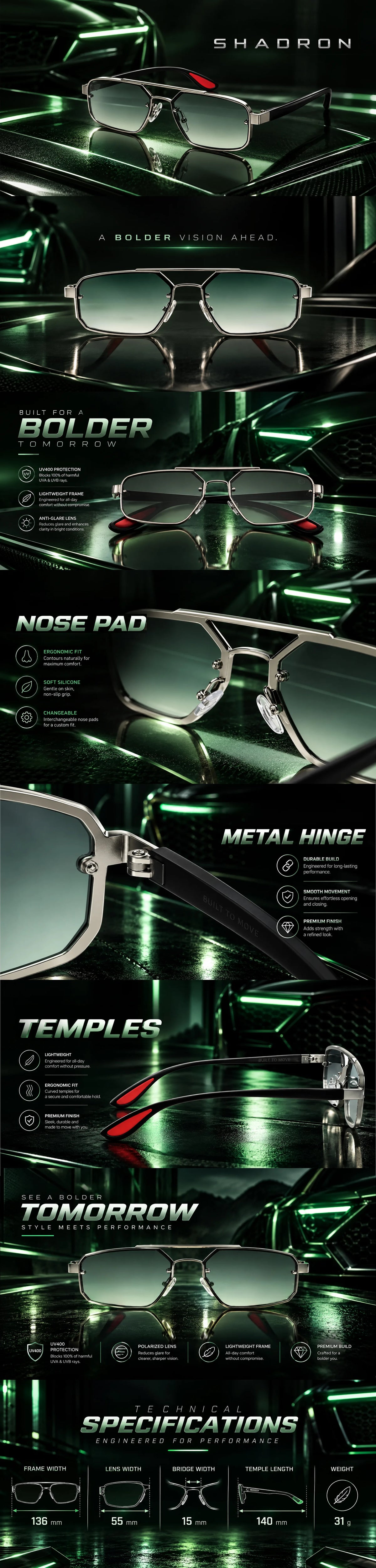 Shadron | Green Medium Full Rim Rectangle Sunglasses for Men [UV-protected]