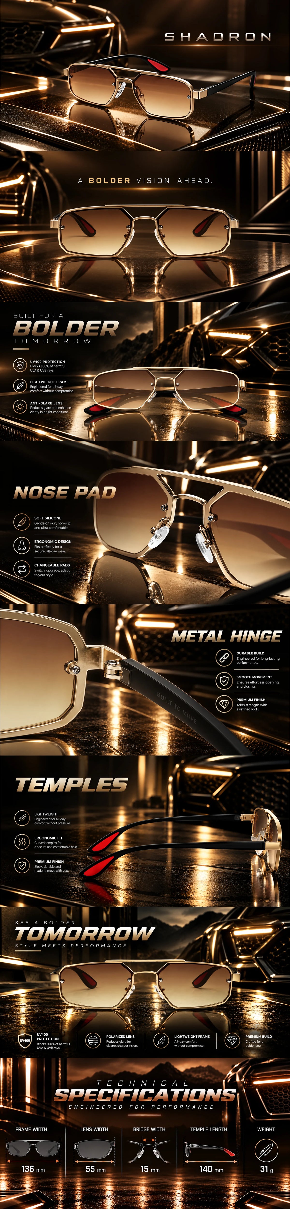 Shadron | Gredient Brown Medium Full Rim Rectangle Sunglasses for Men [UV-protected]