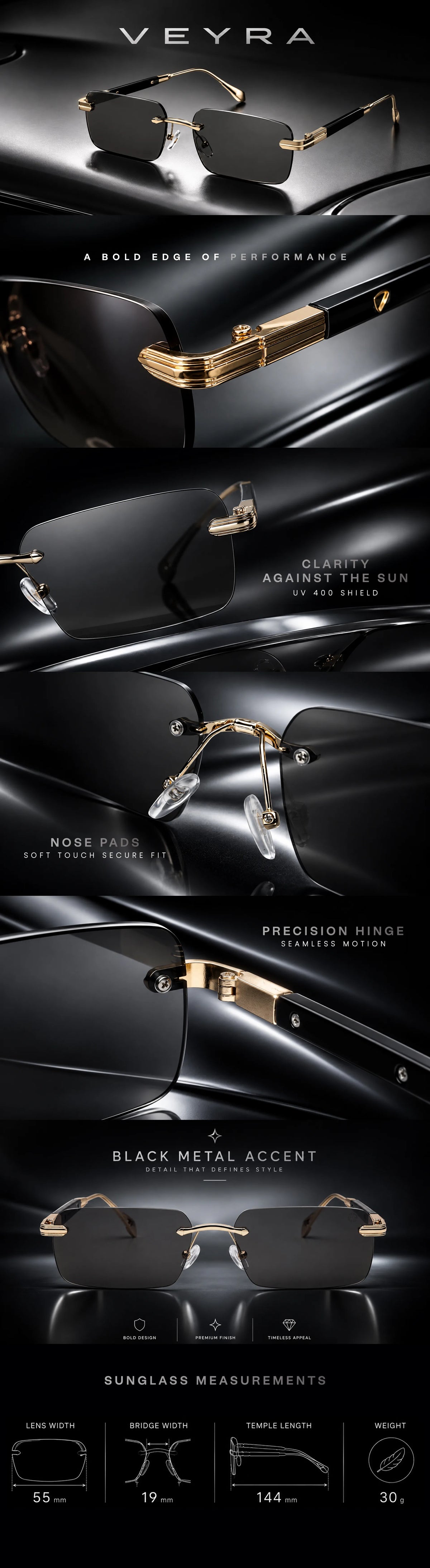 Veyra | Golden Medium Rim Less Rectangle Sunglasses for Men [UV-protected]