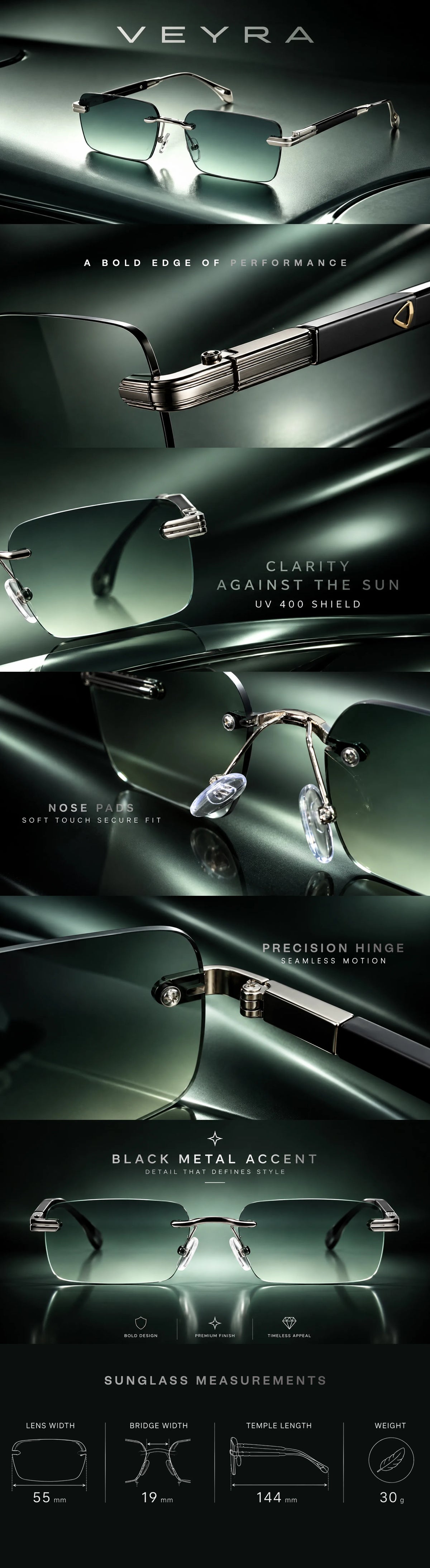 Veyra | Green Medium Rim Less Rectangle Sunglasses for Men [UV-protected]
