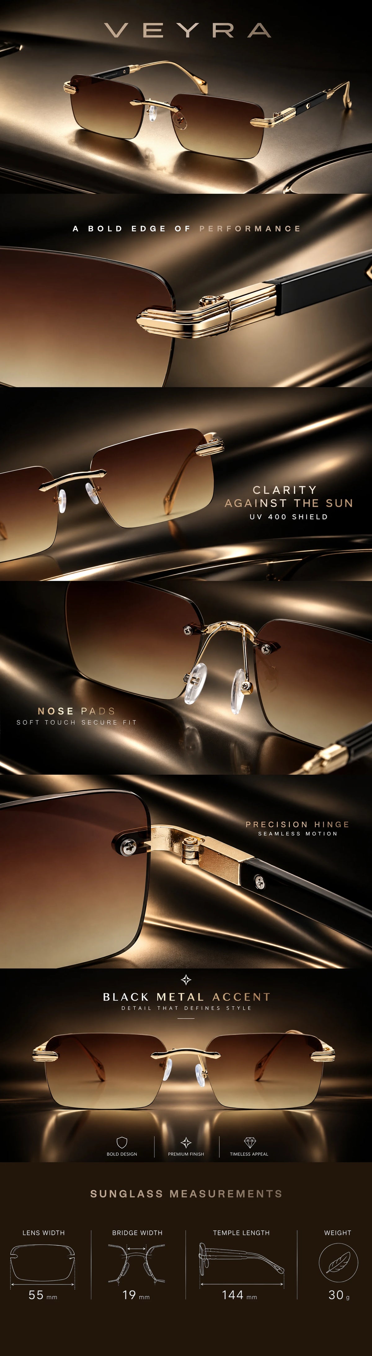 Veyra | Brown Medium Rim Less Rectangle Sunglasses for Men [UV-protected]