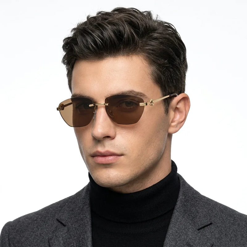 Pyrion | Brown Medium Rim Less Rectangle Sunglasses for Men [UV-protected]