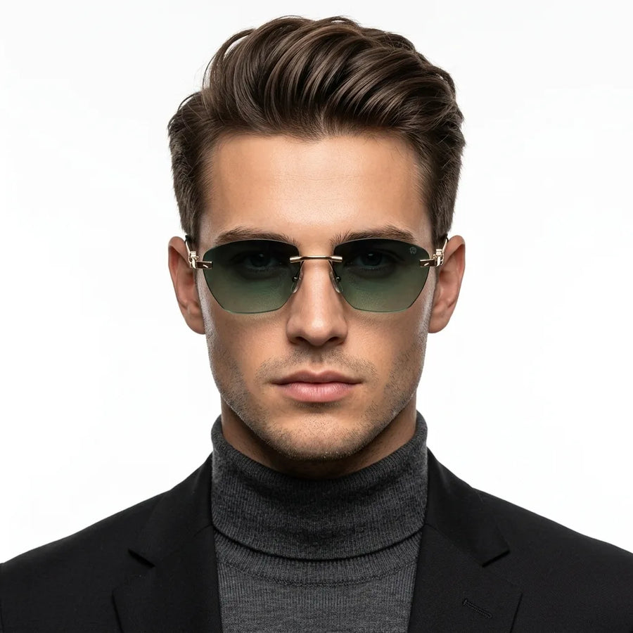 Pyrion | Green Medium Rim Less Rectangle Sunglasses for Men [UV-protected]