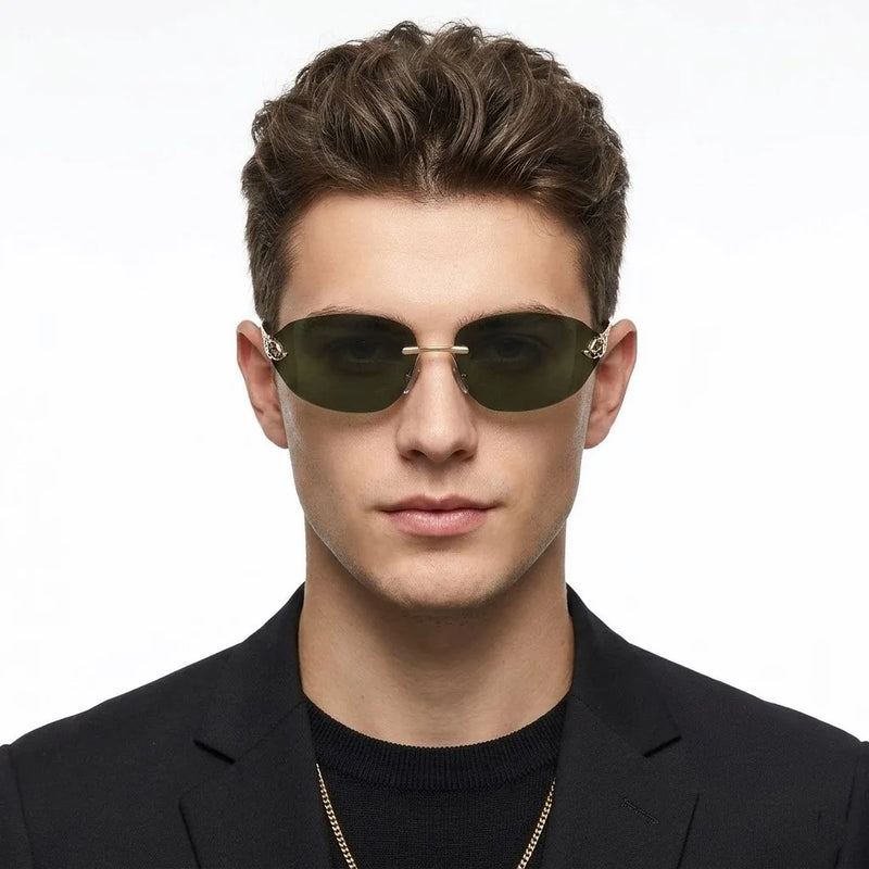 Valtrix | Green Medium Rim Less Oval Sunglasses for Men [UV-protected]