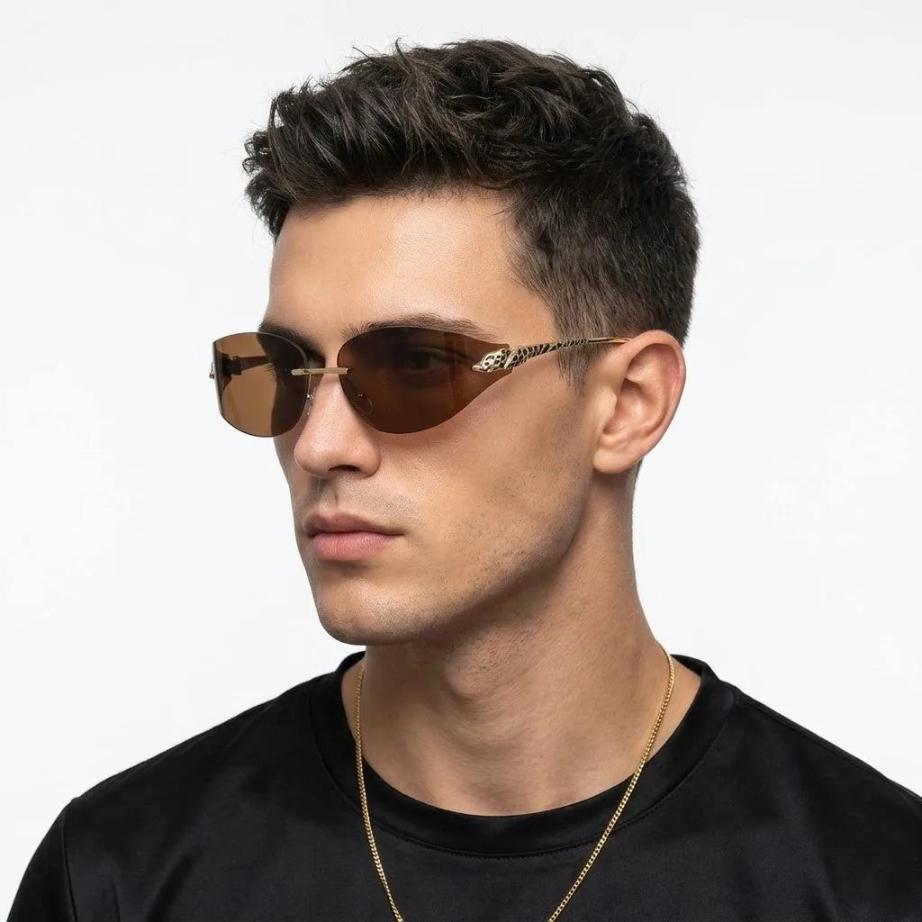 Valtrix | Brown Medium Rim Less Oval Sunglasses for Men [UV-protected]