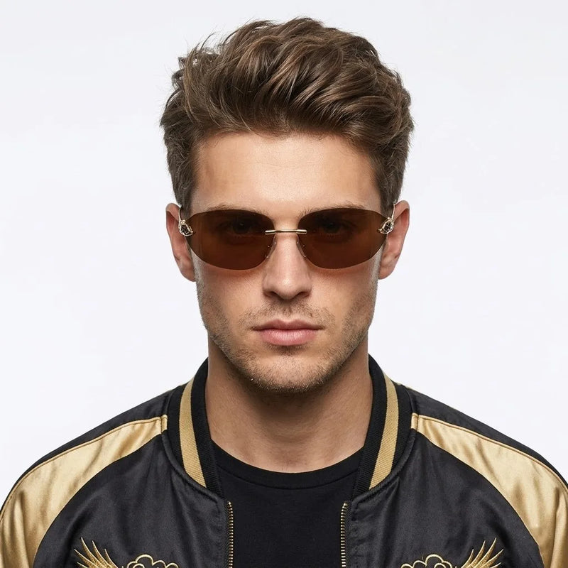 Valtrix | Brown Medium Rim Less Oval Sunglasses for Men [UV-protected]