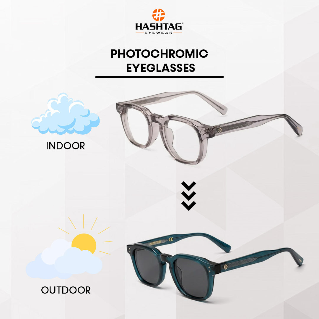 OptiShift | Transparent Grey Medium Full Rim Square Computer Glasses for Men & Women [Photochromic]