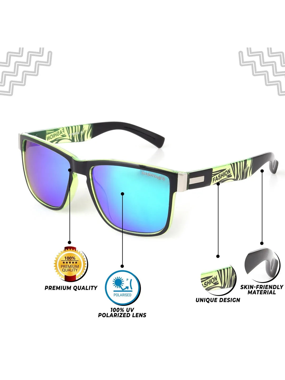 Pyronis | Black & Green Small Full Rim Square Sunglasses for Men [Polarized]