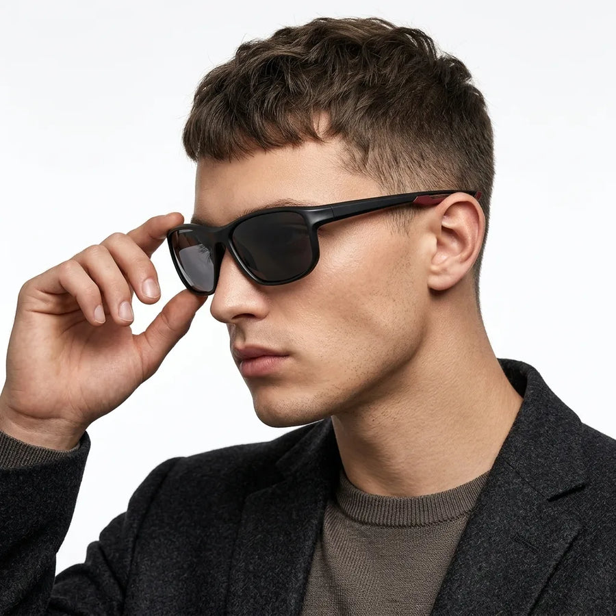 Ionium | Black Large Full Rim Rectangle Sports Sunglasses for Men [Polarized]